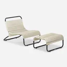 Lounge chair, model 801 and ottoman, model 800 by Hendrik Van Keppel and Taylor Green, enameled aluminum, cotton cord, sold Aug 2021