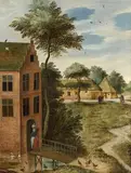 Vue d'un village animé de personnages by Pieter Brueghel le Jeune, Huile sur panneau, parqueté, fragment, sold Mar 2018
