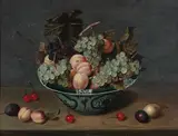 Abricots et raisins dans une coupe en porcelaine Wanli by Isaak Soreau, Huile sur panneau de chêne, deux planches, sold Mar 2018