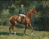 Bubbles monté par un jockey de l'écurie du baron Edouard de Rothschild by Karl André Reille, Huile sur toile marouflée sur carton, sold Mar 2018