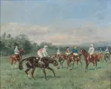 Jockeys à l'entrainement by Karl André Reille, Huile sur panneau d'isorel, sold Mar 2018