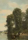 Paysage avec barque by François Antoine Léon Fleury, Huile sur panneau, une planche, sold Feb 2018