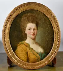 Portrait de femme en buste by Attribue Francois Andre Vincent, Toile ovale Cadre?: mouluré et doré d’époque Louis XVI estampillé deux fois Chartier Haute, sold Mar 2022