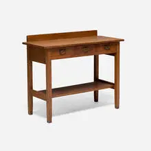 Serving table, model 818 by Gustav Stickley, c. 1907-1911, oak, brass, sold Oct 2026