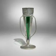 Tudric spill vase, model 0957 by Archibald Knox, c. 1900, glass, pewter, sold Oct 2026