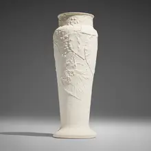 Tall Favrile Pottery vase with berries by Tiffany Studios, 1904-1914, bisque earthenware with glazed interior, sold Oct 2026