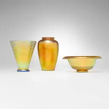 Collection of three vessels by Alexander Joseph von Steuben, hand-blown Aurene glass, sold Oct 2026