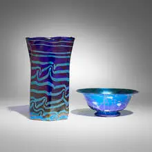 Two works by Fritz Heckert Glass Factory and Durand, hand-blown iridized glass, sold Oct 2026