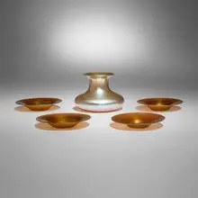 Collection of five table articles by Quezal and Steuben, hand-blown glass, hand-blown Aurene glass, sold Oct 2026