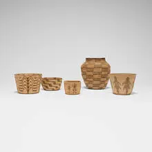 Collection of five baskets by Native American, woven plant fiber, sold Oct 2026