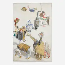Untitled (Surrealist Figures and Creatures) by Julius Moessel, oil on canvas, sold Oct 2026
