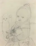 Petit enfant et son chat près des bonhommes de neige by Léonard-Tsuguharu Foujita, Mine de plomb et estompe sur calque, sold Mar 2018