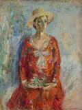 Portrait de femme à la robe rouge by Alexis Arapoff, Huile sur toile, sold Mar 2018