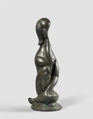 Contemplative assise une main sur le genou by Baltasar Lobo, Bronze à patine brun vert, sold Mar 2018