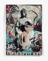 Madonna and child by Hush, 2008, Pochoir, peinture aérosol et marqueur acrylique sur deux panneaux assemblés, sold Apr 2018