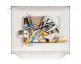 Assemblage sur carton #11 by Gilbert1, 2016, Bois, carton, papier, acrylique, peinture aérosol et sérigraphie dans un emboîtage en plexiglas, sold Apr 2018