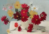 Bouquet de dahlias et de zinnias by Achille Laugé, 1908, Huile sur toile, sold Jun 2018
