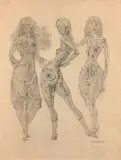 Trois muses (recto) - Femmes au globe céleste (verso) by Hans Bellmer, Crayon, rehaut de couleur et de gouache blanche sur papier, sold Jun 2018