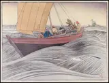 York Boat on Lake Winnipeg by Walter J. Phillips, colour woodcut, sold Nov 2008