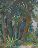 Les Canaris by Alfréd Réth, Um 1965, Öl über Papiercollage auf Papier, aufgezogen auf Leinwand, sold Jan 2024