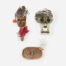 Three masks by Ruth Wall, found object assemblage, offered Jun 2026