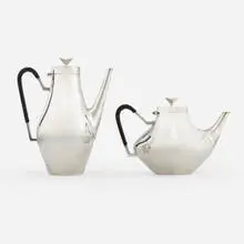 Denmark coffee and tea pots by John Prip, 1958, silver plate, plastic, sold Aug 2021