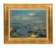 Swedish Harbor Scene by Allan Erwö, Oil on board, sold Jun 2026