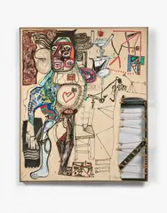 TATOUAGE SUR LE SORCIER by Michel Macréau, 1961, Huile sur drap et cordes montés sur cadre de l'artiste en lattes de plancher, sold Jun 2018