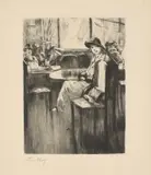 Junges Mädchen im Café mit Straßenblick by Lesser Ury, 1924, Radierung auf Japan, sold Mar 2024