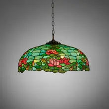 Water Lily hanging lamp by Duffner & Kimberly, c. 1910, leaded glass, patinated metal, offered Mar 2026