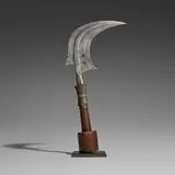 Trumbash sickle throwing knife by Mangbetu, steel, wood, wire, offered Apr 2026