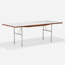 Executive Office Group table, model 64899-4 by George Nelson & Associates, walnut, laminate over wood, brushed steel, offered Feb 2026