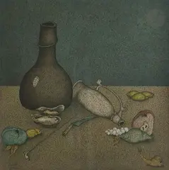 Nature morte by Mihail Chemiakin, 1980, Encre et aquarelle, sold Apr 2019