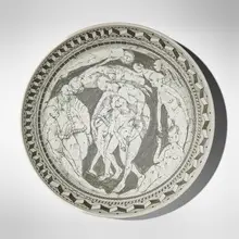 Embracing the Graces charger by Edward Eberle, 2001, porcelain, terra sigillata and sgrafitto decoration, offered Feb 2026