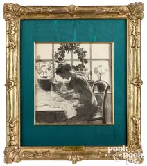 of Mary Franklin Garber sewing by Daniel Garber, charcoal, sold Apr 2021