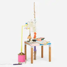 Untitled by Jessica Stockholder, 2003, tree trunk, two radios, ceramic bowl, pink plastic bucket, three lamps, fake fur, acrylic paint, aluminum/tar flashing, , sold Sep 2026