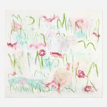 Serene / Cries by Joan Snyder, 2005, color digital print, lithograph in green, and carborundum plate in red and light green with chine collé on Somerset Enha, sold Sep 2026