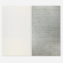 Dividing and Alternating (diptych) by Dean Levin, 2014, UV curable ink on polished steel and oil on linen, offered Sep 2025