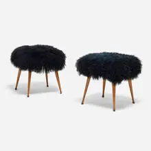 Stools, pair by Modern, c. 1960, faux sheepskin, walnut, sold Sep 2026