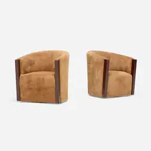 Swivel armchairs, pair by Contemporary, leather, walnut, patinated steel brads, sold Sep 2026