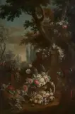 Vases de fleurs et fruits dans un jardin by Michele Antonio Rapous, Vases of flowers and fruits in a garden, oil on canvas, a pair, by M. A. Rapous, sold Nov 2018