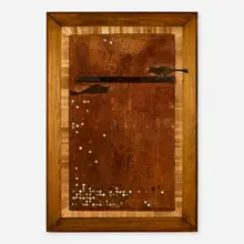 Game by Varujan Boghosian, 1968, wood, leather, metal parts, thumb tacks and cotton construction in artist-made frame, sold Sep 2026