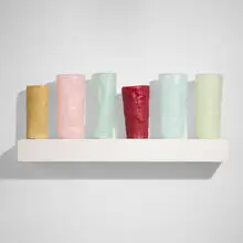 Six Cups by George Stoll, beeswax, paraffin, and pigment on lacquered wood, offered Jun 2025