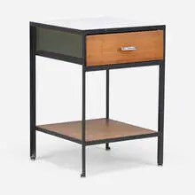 Steel Frame nightstand, model 4053 by George Nelson & Associates, lacquered steel, walnut, laminate, aluminum, sold Sep 2026