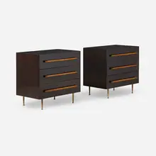 Cabinets, pair by T. H. Robsjohn-Gibbings, 1953, mahogany, brass, cane, sold Sep 2026