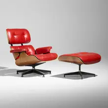 670 lounge chair and 671 ottoman by Charles and Ray Eames, rosewood plywood, leather upholstery, enameled and brushed aluminum, sold Sep 2026