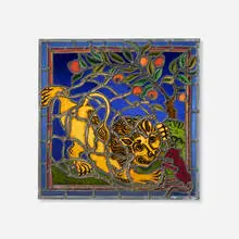 The Lion and the Mouse by Cappy Thompson, 1991, painted and leaded stained glass, sold Sep 2026