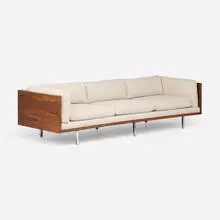 Sofa by Milo Baughman, c. 1965, rosewood, Brunschwig & Fils upholstery, chrome-plated steel, sold Sep 2026