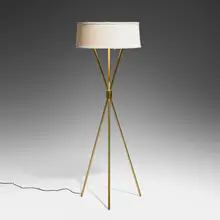 Floor lamp, model 201-M by T. H. Robsjohn-Gibbings, c. 1952, brass, linen shade. lacquered aluminum, sold Sep 2026
