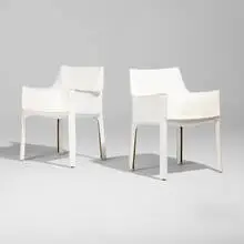 Cab chairs model 413, pair by Mario Bellini, leather over steel, plastic, suede, sold Sep 2026